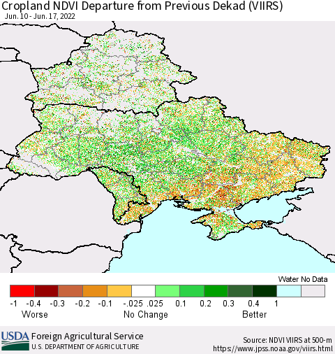 Ukraine, Moldova and Belarus Cropland NDVI Departure from Previous Dekad (VIIRS) Thematic Map For 6/11/2022 - 6/20/2022