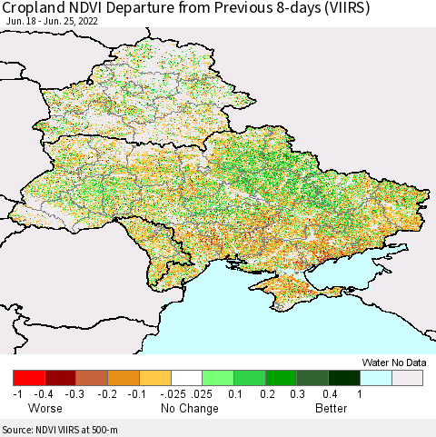Ukraine, Moldova and Belarus Cropland NDVI Departure from Previous 8-days (VIIRS) Thematic Map For 6/18/2022 - 6/25/2022