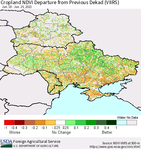 Ukraine, Moldova and Belarus Cropland NDVI Departure from Previous Dekad (VIIRS) Thematic Map For 6/21/2022 - 6/30/2022