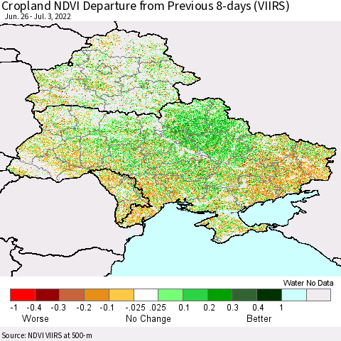 Ukraine, Moldova and Belarus Cropland NDVI Departure from Previous 8-days (VIIRS) Thematic Map For 6/26/2022 - 7/3/2022