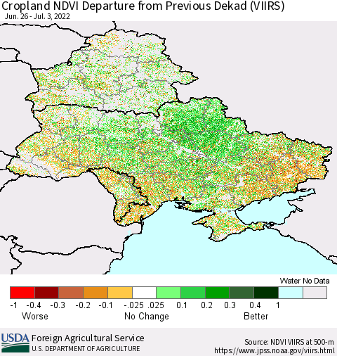 Ukraine, Moldova and Belarus Cropland NDVI Departure from Previous Dekad (VIIRS) Thematic Map For 7/1/2022 - 7/10/2022