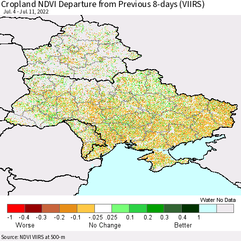 Ukraine, Moldova and Belarus Cropland NDVI Departure from Previous 8-days (VIIRS) Thematic Map For 7/4/2022 - 7/11/2022