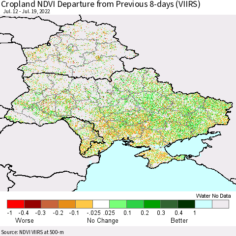 Ukraine, Moldova and Belarus Cropland NDVI Departure from Previous 8-days (VIIRS) Thematic Map For 7/12/2022 - 7/19/2022