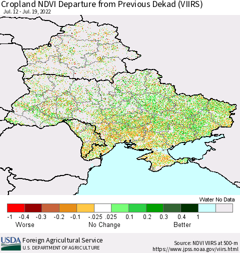 Ukraine, Moldova and Belarus Cropland NDVI Departure from Previous Dekad (VIIRS) Thematic Map For 7/11/2022 - 7/20/2022