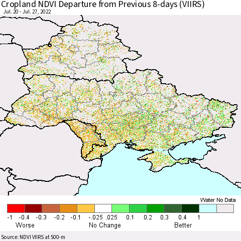 Ukraine, Moldova and Belarus Cropland NDVI Departure from Previous 8-days (VIIRS) Thematic Map For 7/20/2022 - 7/27/2022