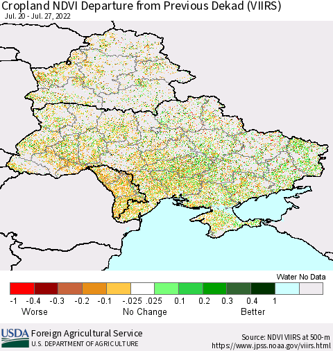Ukraine, Moldova and Belarus Cropland NDVI Departure from Previous Dekad (VIIRS) Thematic Map For 7/21/2022 - 7/31/2022