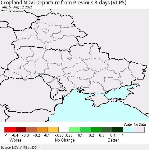 Ukraine, Moldova and Belarus Cropland NDVI Departure from Previous 8-days (VIIRS) Thematic Map For 8/5/2022 - 8/12/2022