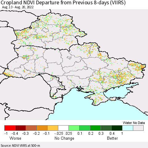 Ukraine, Moldova and Belarus Cropland NDVI Departure from Previous 8-days (VIIRS) Thematic Map For 8/13/2022 - 8/20/2022
