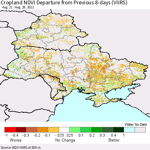 Ukraine, Moldova and Belarus Cropland NDVI Departure from Previous 8-days (VIIRS) Thematic Map For 8/21/2022 - 8/28/2022