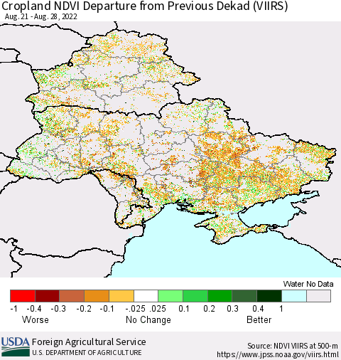 Ukraine, Moldova and Belarus Cropland NDVI Departure from Previous Dekad (VIIRS) Thematic Map For 8/21/2022 - 8/31/2022