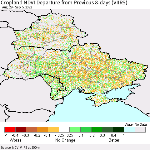 Ukraine, Moldova and Belarus Cropland NDVI Departure from Previous 8-days (VIIRS) Thematic Map For 8/29/2022 - 9/5/2022