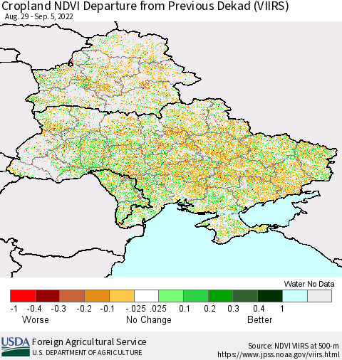 Ukraine, Moldova and Belarus Cropland NDVI Departure from Previous Dekad (VIIRS) Thematic Map For 9/1/2022 - 9/10/2022