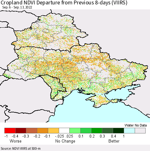 Ukraine, Moldova and Belarus Cropland NDVI Departure from Previous 8-days (VIIRS) Thematic Map For 9/6/2022 - 9/13/2022
