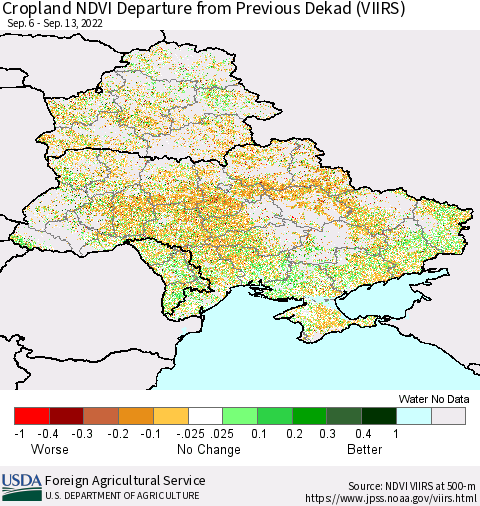 Ukraine, Moldova and Belarus Cropland NDVI Departure from Previous Dekad (VIIRS) Thematic Map For 9/11/2022 - 9/20/2022
