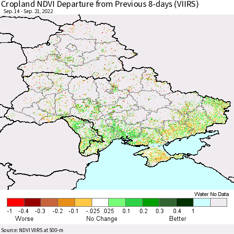 Ukraine, Moldova and Belarus Cropland NDVI Departure from Previous 8-days (VIIRS) Thematic Map For 9/14/2022 - 9/21/2022