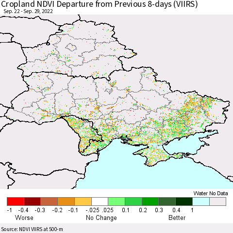 Ukraine, Moldova and Belarus Cropland NDVI Departure from Previous 8-days (VIIRS) Thematic Map For 9/22/2022 - 9/29/2022