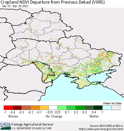 Ukraine, Moldova and Belarus Cropland NDVI Departure from Previous Dekad (VIIRS) Thematic Map For 9/21/2022 - 9/30/2022
