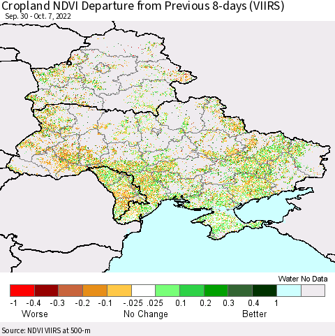 Ukraine, Moldova and Belarus Cropland NDVI Departure from Previous 8-days (VIIRS) Thematic Map For 9/30/2022 - 10/7/2022