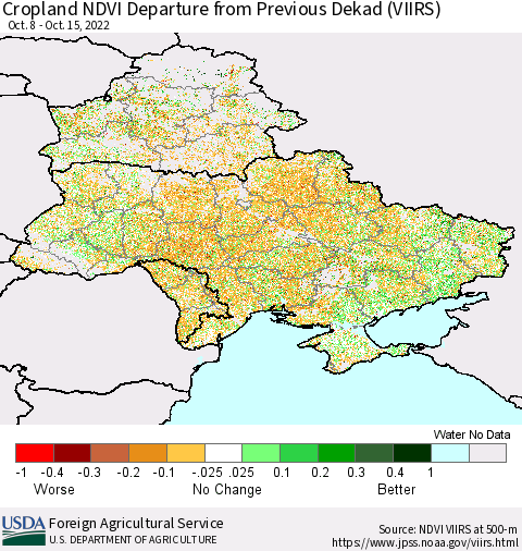 Ukraine, Moldova and Belarus Cropland NDVI Departure from Previous Dekad (VIIRS) Thematic Map For 10/11/2022 - 10/20/2022