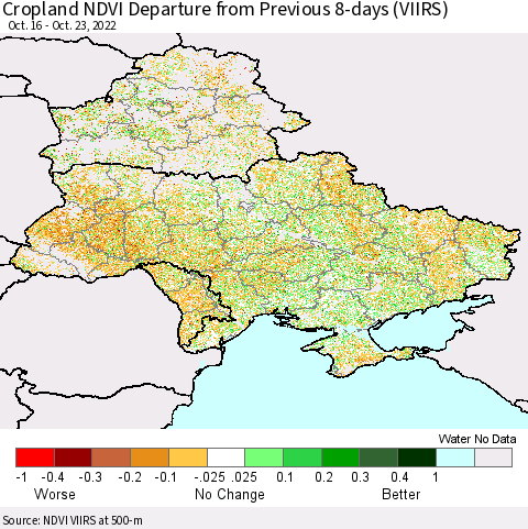 Ukraine, Moldova and Belarus Cropland NDVI Departure from Previous 8-days (VIIRS) Thematic Map For 10/16/2022 - 10/23/2022