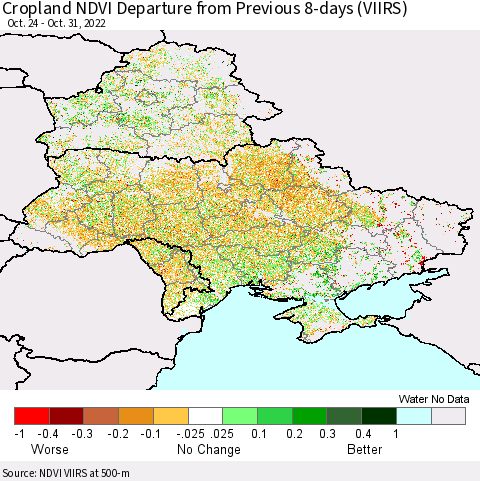 Ukraine, Moldova and Belarus Cropland NDVI Departure from Previous Dekad (VIIRS) Thematic Map For 10/21/2022 - 10/31/2022