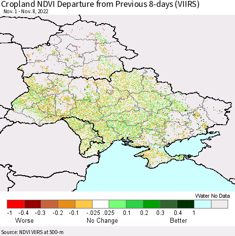 Ukraine, Moldova and Belarus Cropland NDVI Departure from Previous 8-days (VIIRS) Thematic Map For 11/1/2022 - 11/8/2022