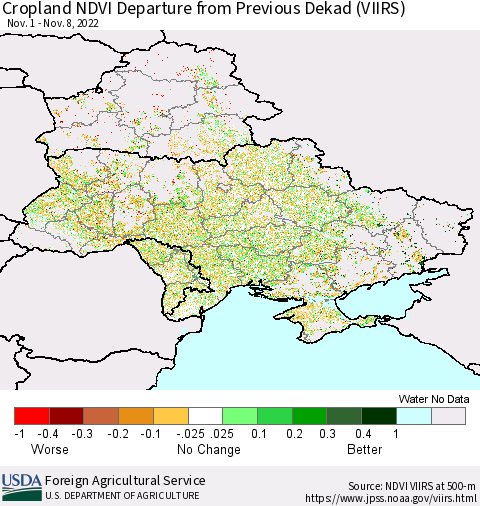 Ukraine, Moldova and Belarus Cropland NDVI Departure from Previous Dekad (VIIRS) Thematic Map For 11/1/2022 - 11/10/2022
