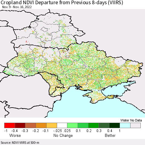 Ukraine, Moldova and Belarus Cropland NDVI Departure from Previous 8-days (VIIRS) Thematic Map For 11/9/2022 - 11/16/2022