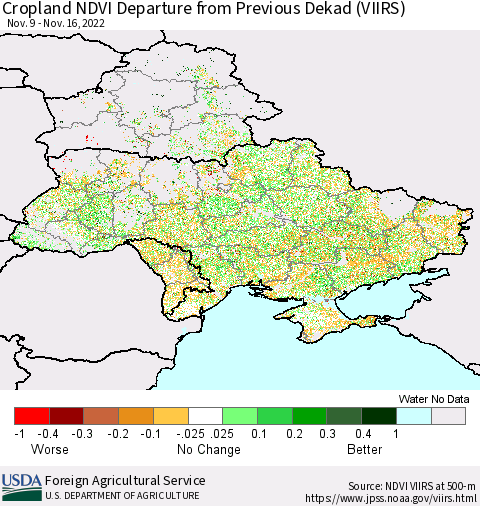 Ukraine, Moldova and Belarus Cropland NDVI Departure from Previous Dekad (VIIRS) Thematic Map For 11/11/2022 - 11/20/2022