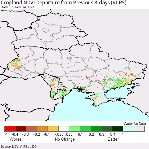Ukraine, Moldova and Belarus Cropland NDVI Departure from Previous 8-days (VIIRS) Thematic Map For 11/17/2022 - 11/24/2022