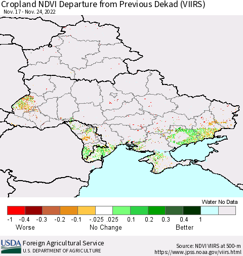 Ukraine, Moldova and Belarus Cropland NDVI Departure from Previous Dekad (VIIRS) Thematic Map For 11/21/2022 - 11/30/2022