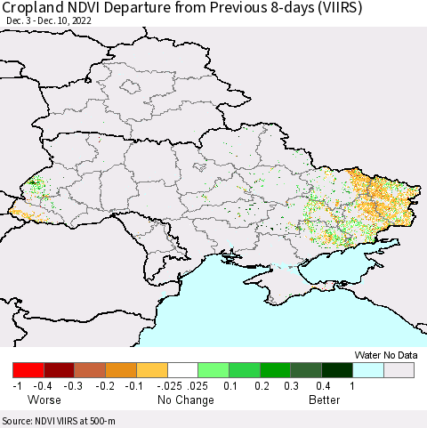 Ukraine, Moldova and Belarus Cropland NDVI Departure from Previous Dekad (VIIRS) Thematic Map For 12/1/2022 - 12/10/2022