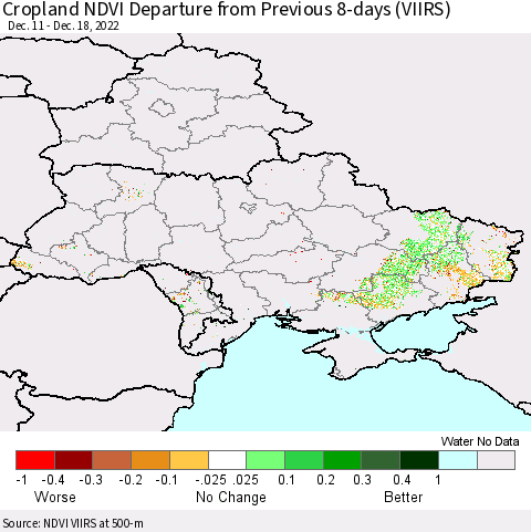 Ukraine, Moldova and Belarus Cropland NDVI Departure from Previous 8-days (VIIRS) Thematic Map For 12/11/2022 - 12/18/2022