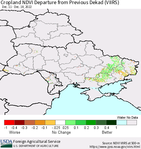 Ukraine, Moldova and Belarus Cropland NDVI Departure from Previous Dekad (VIIRS) Thematic Map For 12/11/2022 - 12/20/2022