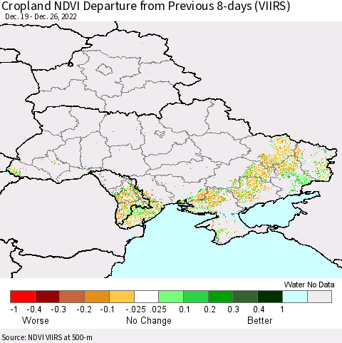 Ukraine, Moldova and Belarus Cropland NDVI Departure from Previous 8-days (VIIRS) Thematic Map For 12/19/2022 - 12/26/2022
