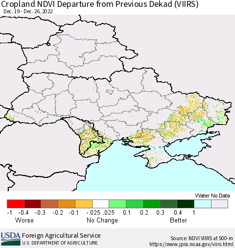 Ukraine, Moldova and Belarus Cropland NDVI Departure from Previous Dekad (VIIRS) Thematic Map For 12/21/2022 - 12/31/2022