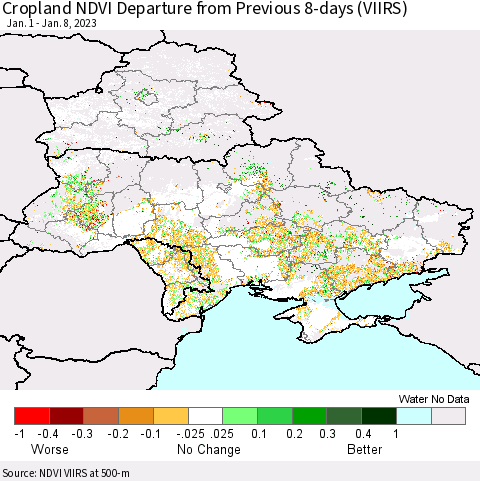 Ukraine, Moldova and Belarus Cropland NDVI Departure from Previous 8-days (VIIRS) Thematic Map For 1/1/2023 - 1/8/2023