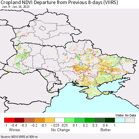 Ukraine, Moldova and Belarus Cropland NDVI Departure from Previous 8-days (VIIRS) Thematic Map For 1/9/2023 - 1/16/2023