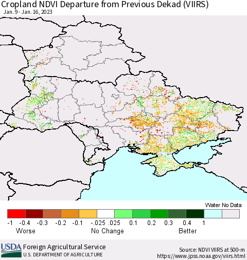 Ukraine, Moldova and Belarus Cropland NDVI Departure from Previous Dekad (VIIRS) Thematic Map For 1/11/2023 - 1/20/2023
