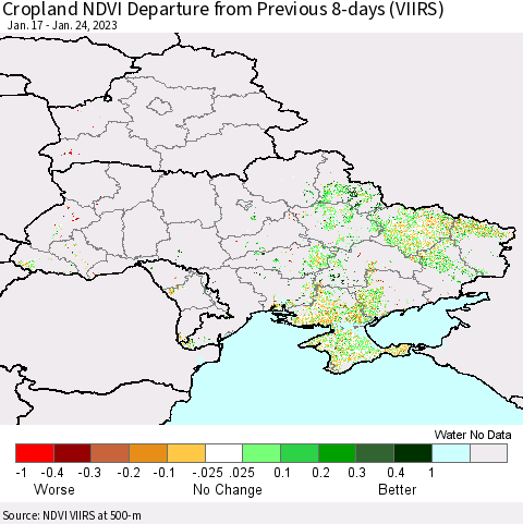 Ukraine, Moldova and Belarus Cropland NDVI Departure from Previous 8-days (VIIRS) Thematic Map For 1/17/2023 - 1/24/2023
