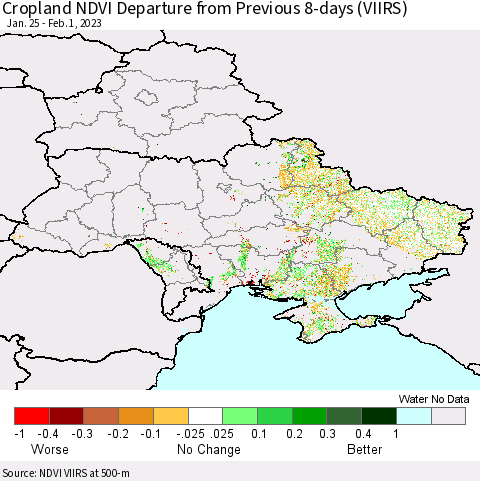 Ukraine, Moldova and Belarus Cropland NDVI Departure from Previous 8-days (VIIRS) Thematic Map For 1/25/2023 - 2/1/2023