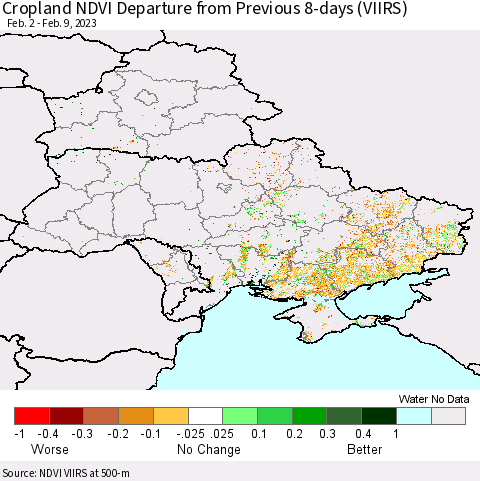 Ukraine, Moldova and Belarus Cropland NDVI Departure from Previous 8-days (VIIRS) Thematic Map For 2/2/2023 - 2/9/2023