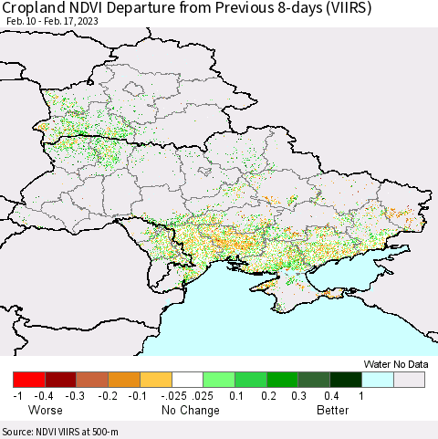 Ukraine, Moldova and Belarus Cropland NDVI Departure from Previous 8-days (VIIRS) Thematic Map For 2/10/2023 - 2/17/2023
