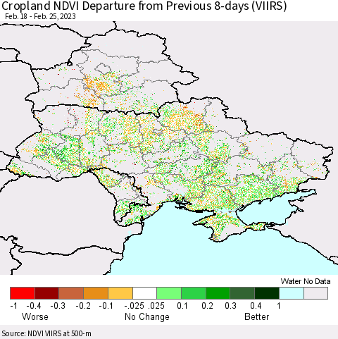 Ukraine, Moldova and Belarus Cropland NDVI Departure from Previous 8-days (VIIRS) Thematic Map For 2/18/2023 - 2/25/2023