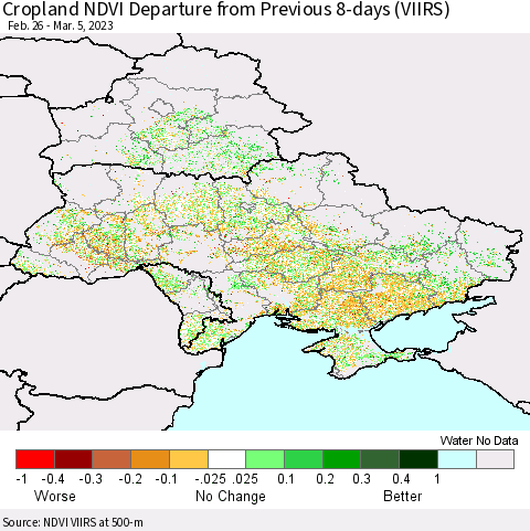Ukraine, Moldova and Belarus Cropland NDVI Departure from Previous 8-days (VIIRS) Thematic Map For 2/26/2023 - 3/5/2023
