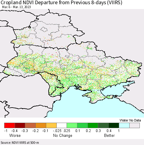 Ukraine, Moldova and Belarus Cropland NDVI Departure from Previous 8-days (VIIRS) Thematic Map For 3/6/2023 - 3/13/2023