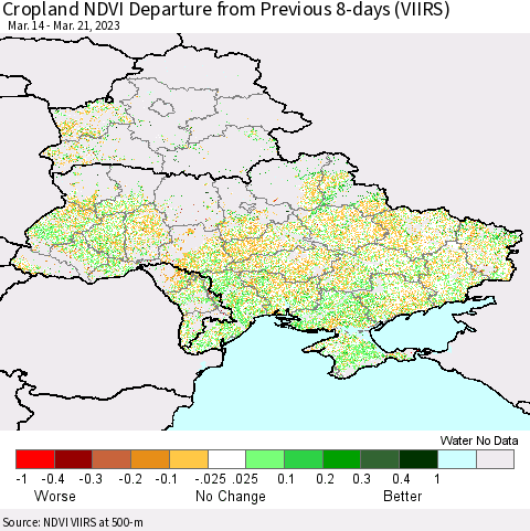Ukraine, Moldova and Belarus Cropland NDVI Departure from Previous 8-days (VIIRS) Thematic Map For 3/14/2023 - 3/21/2023
