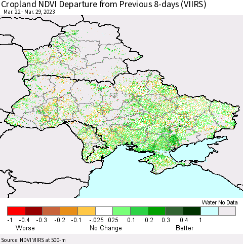 Ukraine, Moldova and Belarus Cropland NDVI Departure from Previous 8-days (VIIRS) Thematic Map For 3/22/2023 - 3/29/2023