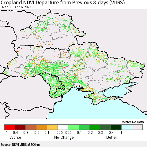 Ukraine, Moldova and Belarus Cropland NDVI Departure from Previous 8-days (VIIRS) Thematic Map For 3/30/2023 - 4/6/2023