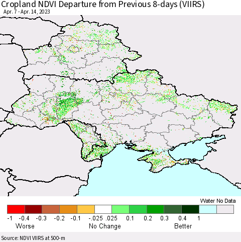 Ukraine, Moldova and Belarus Cropland NDVI Departure from Previous 8-days (VIIRS) Thematic Map For 4/7/2023 - 4/14/2023